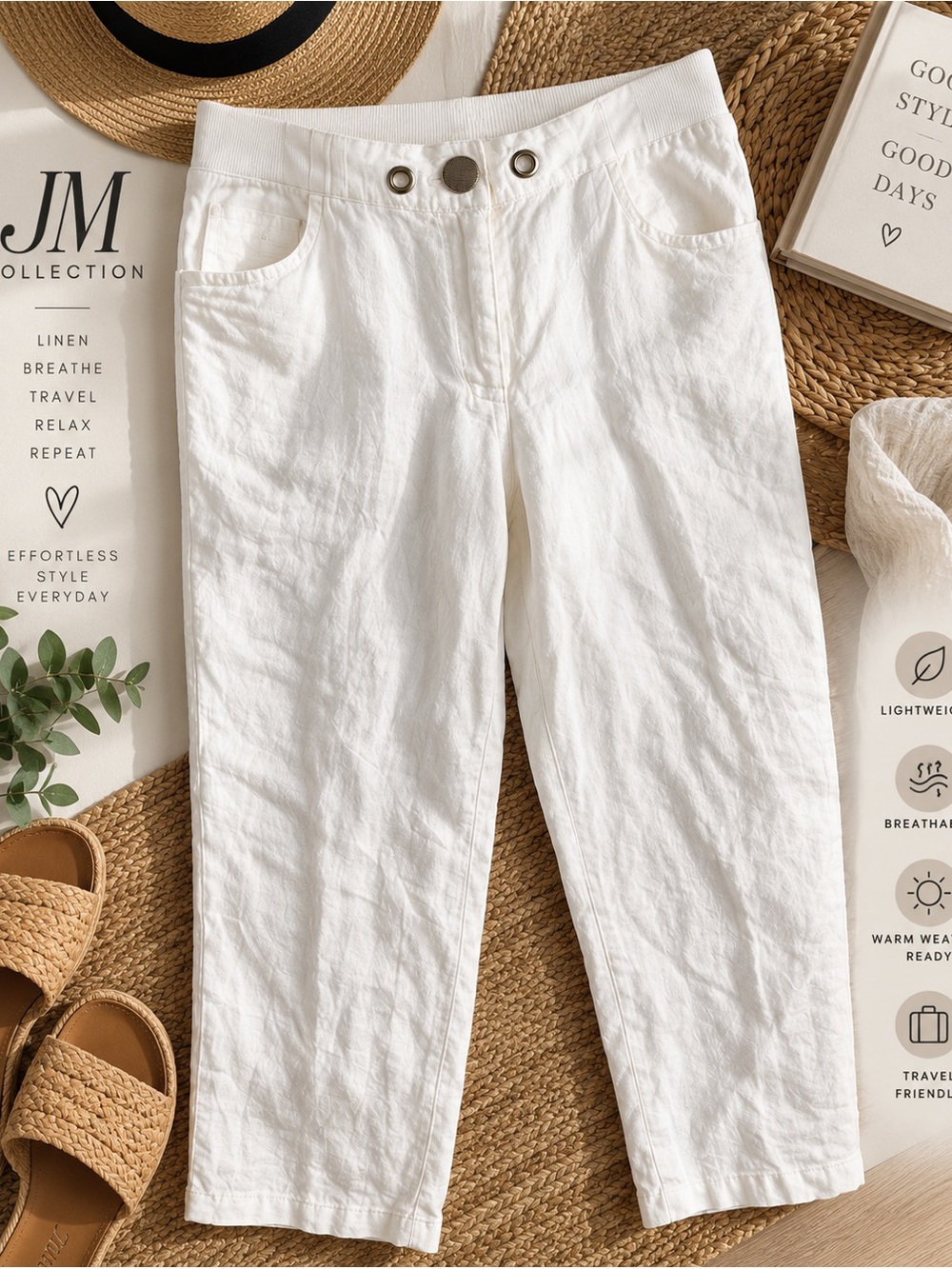 JM Collection White Linen Pants Size 12 Cropped Ankle Pull On Stretch Waist